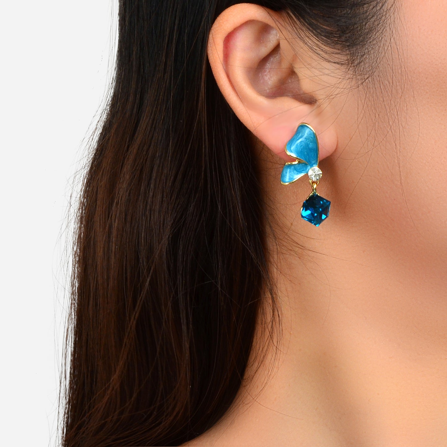 Elegant Black Blue Enamel Butterfly Square Imitation Gemstone Dangle Earrings