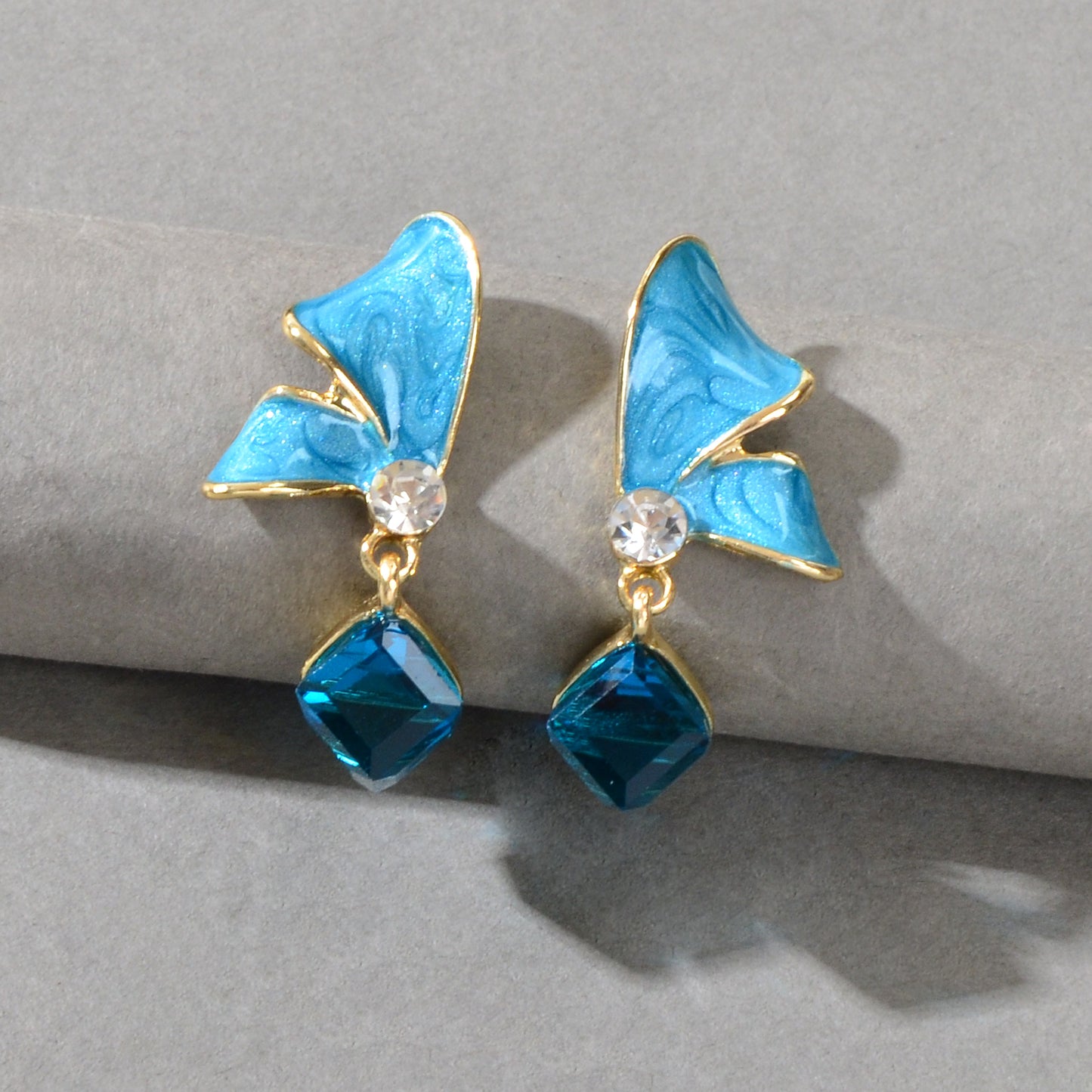Elegant Black Blue Enamel Butterfly Square Imitation Gemstone Dangle Earrings
