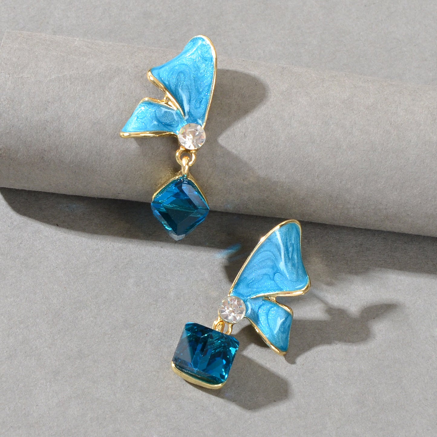 Elegant Black Blue Enamel Butterfly Square Imitation Gemstone Dangle Earrings