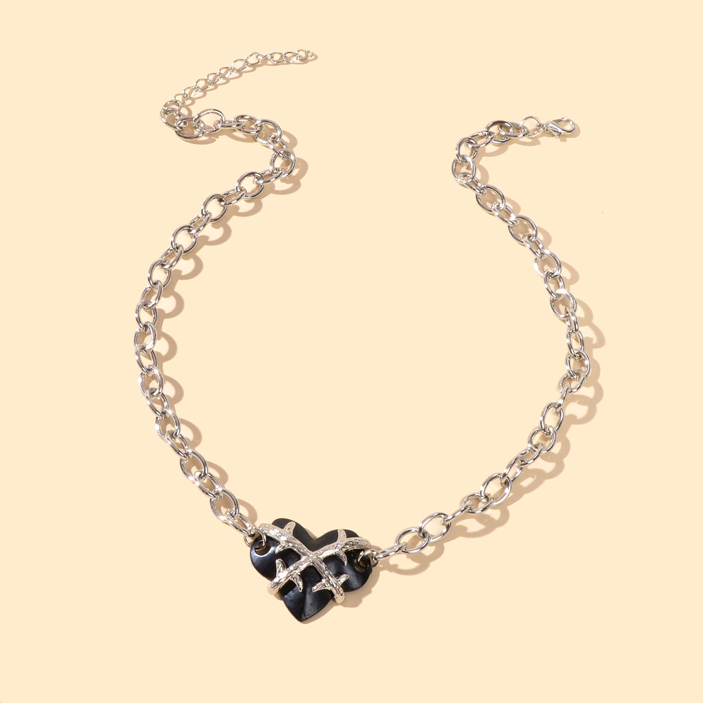 Designer Jewelry Crude Silver Chain Black Resin Heart Pendant Statement Necklace