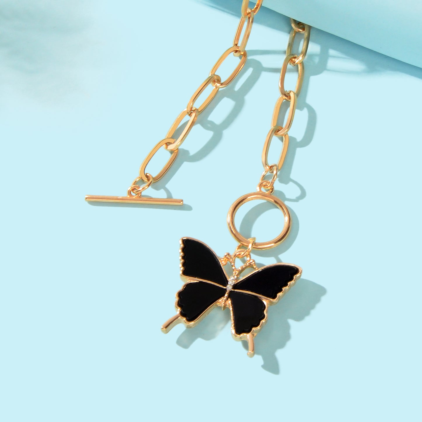 Elegant Thick Golden Link Chain Black Butterfly Charm Bracelet School Social Gatherings Party Jewelry
