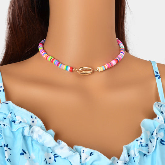 Surfer Choker Polymer Clay Necklace Boho Colourful Vinyl Disc Shell Collar Gift