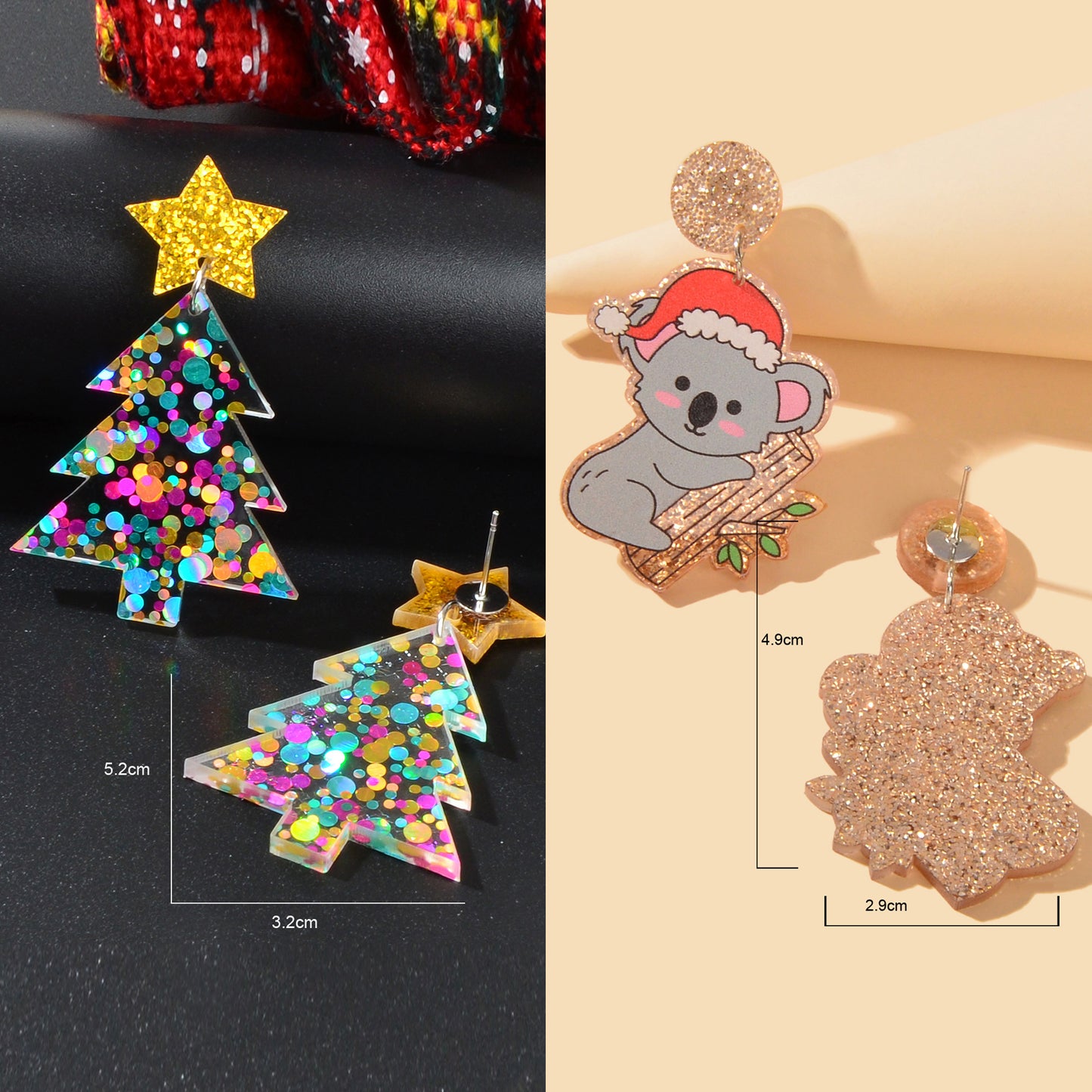 2 pairs Christmas Festival Jewelry Sequin Decor Acrylic Tree Koala Earrings set
