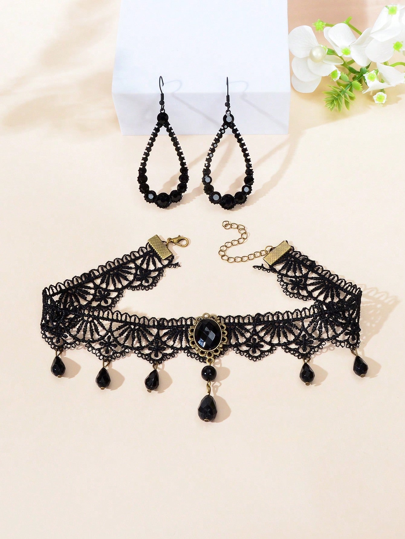 Black Beaded Pendant Lace Choker Necklace Teardrop Earrings Elegant Jewelry Set
