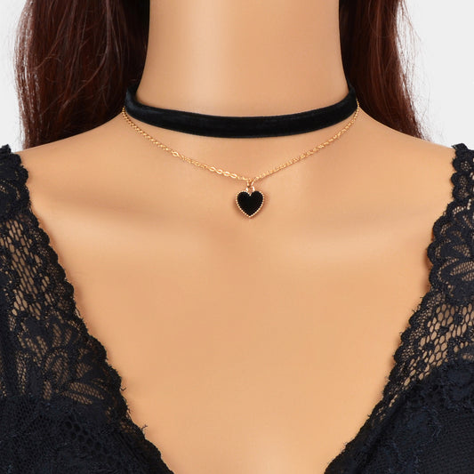 Retro Red Black Velvet Short Choker Gold Chain Double layer Heart Charm Necklace