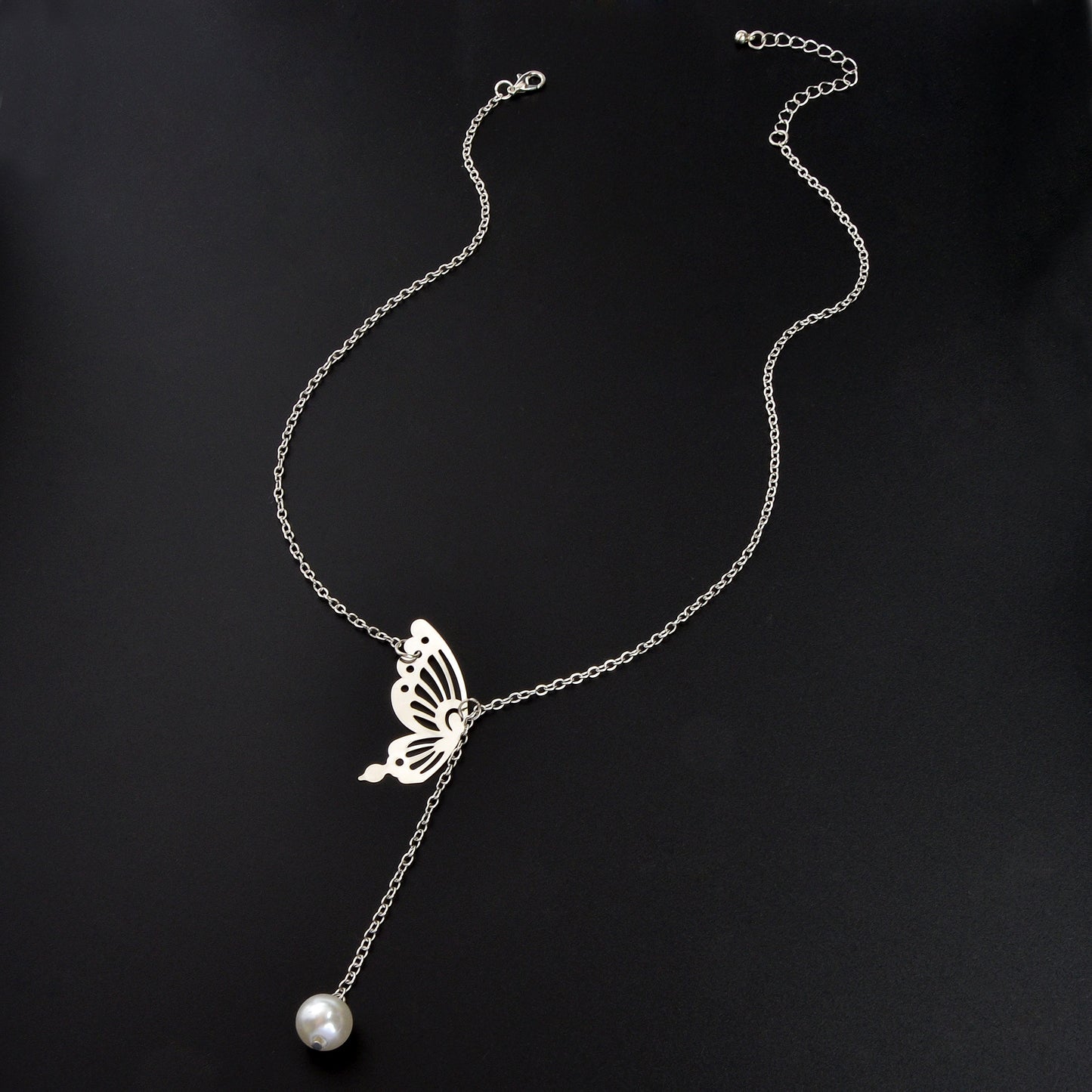 Y Style Silvery Chain Hollow Butterfly Imitation Pearl Pendant Necklace Graceful Daily Party Jewelry
