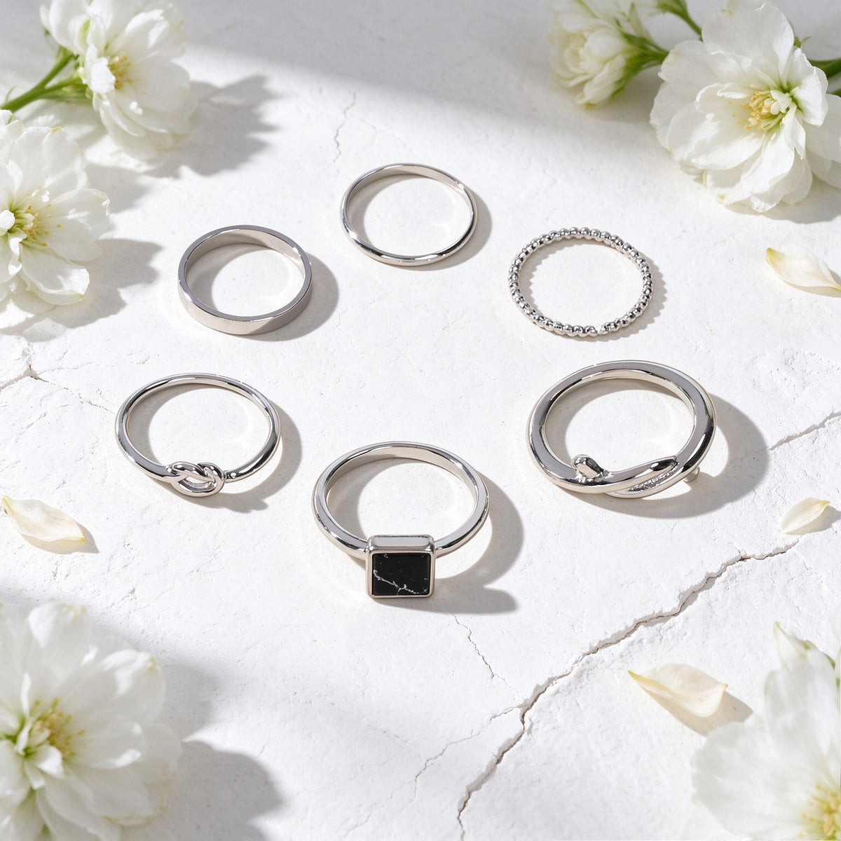 6pcs Minimalist Black Square Geometric Silver Gold Stackable Knotted Finger Ring