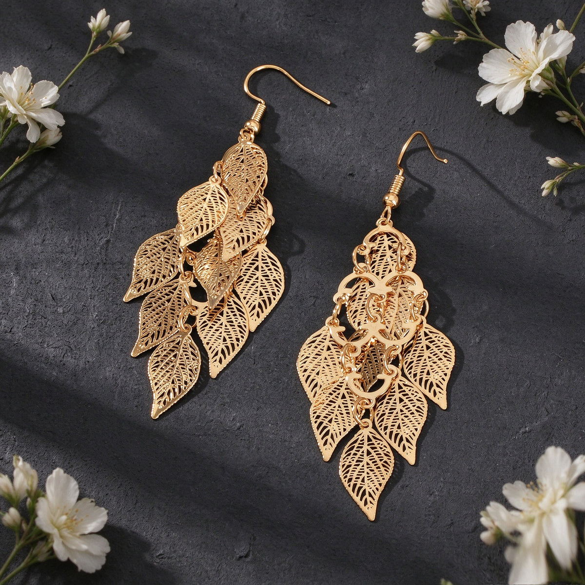 Hollow Multi Layer Leaf Tassel Dangle Earrings Boho Vacation Party Jewelry Gift