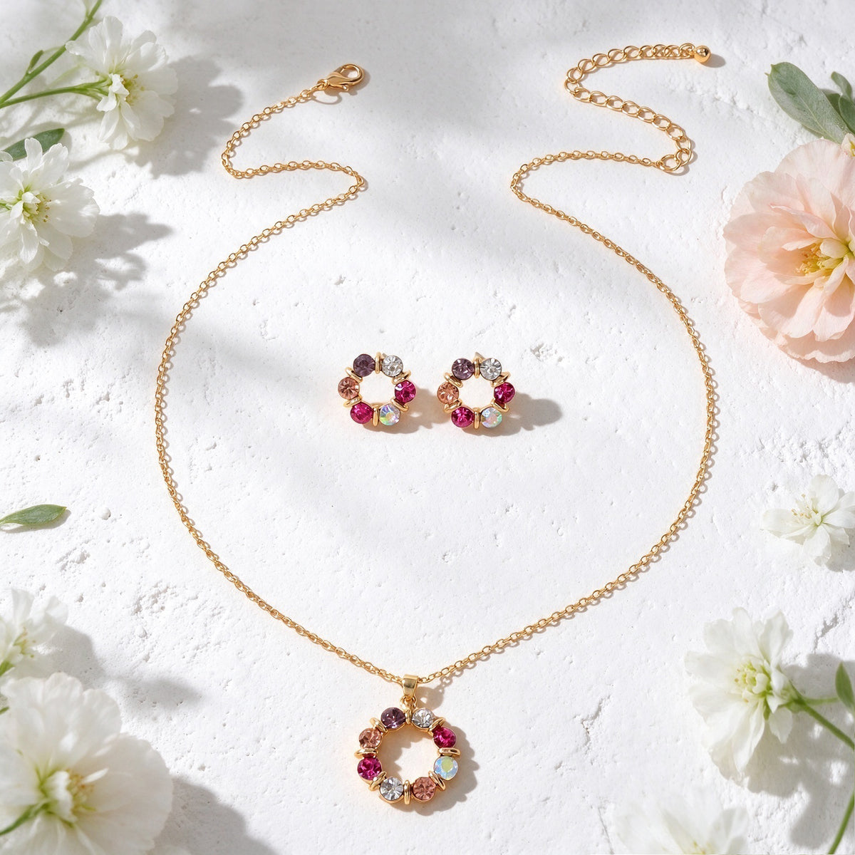 Glitter Flower Stud Earrings Pendant Necklace Jewellery Set Wedding Accessories