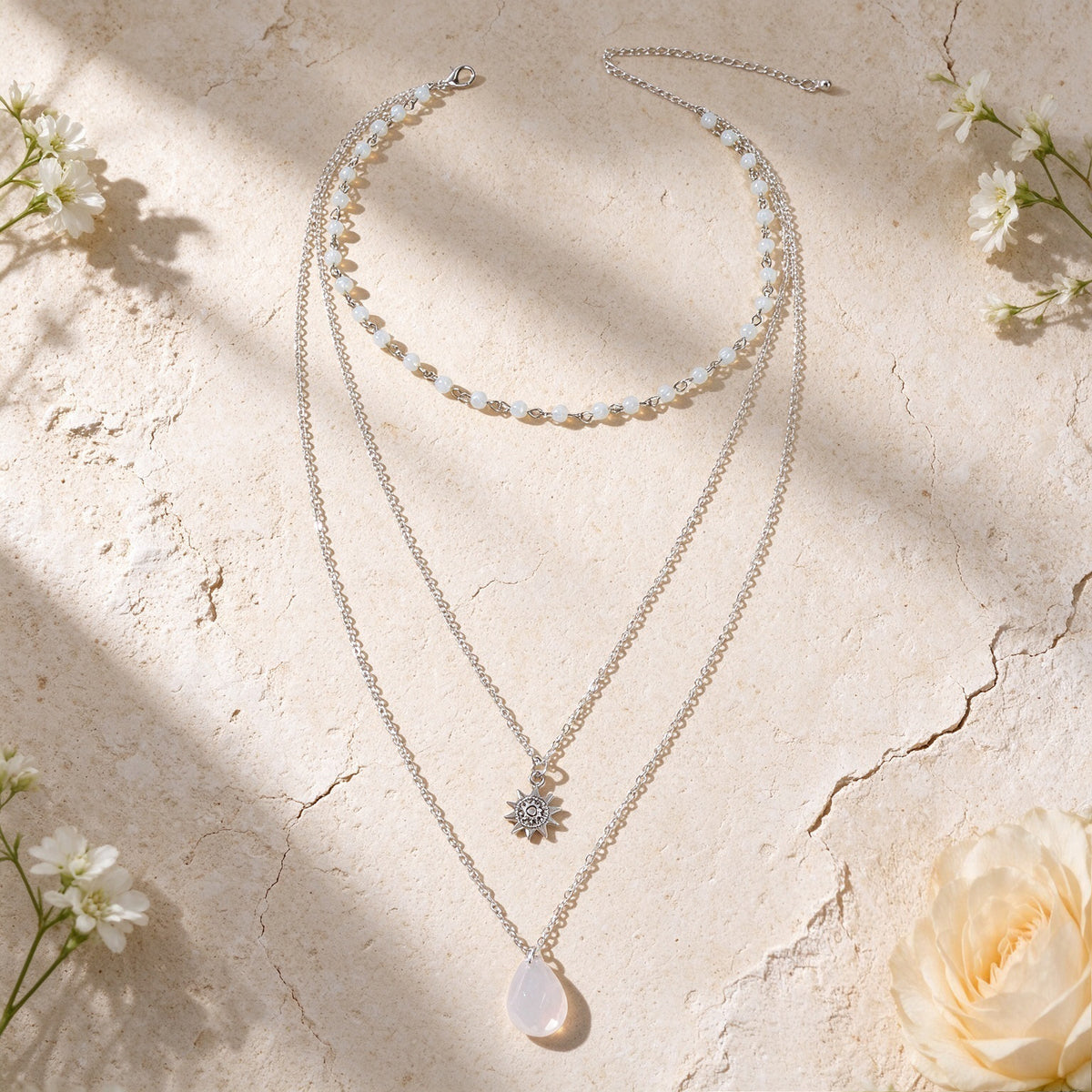 Beads Sun Water Drop Gold Silver Layered Necklace Boho Beach Vacation Jewellery
