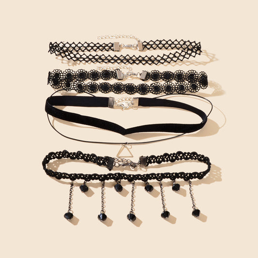 4 pcs Classic Black Gothic Tattoo Lace Chokers Beads Tassel Necklaces Party Gift