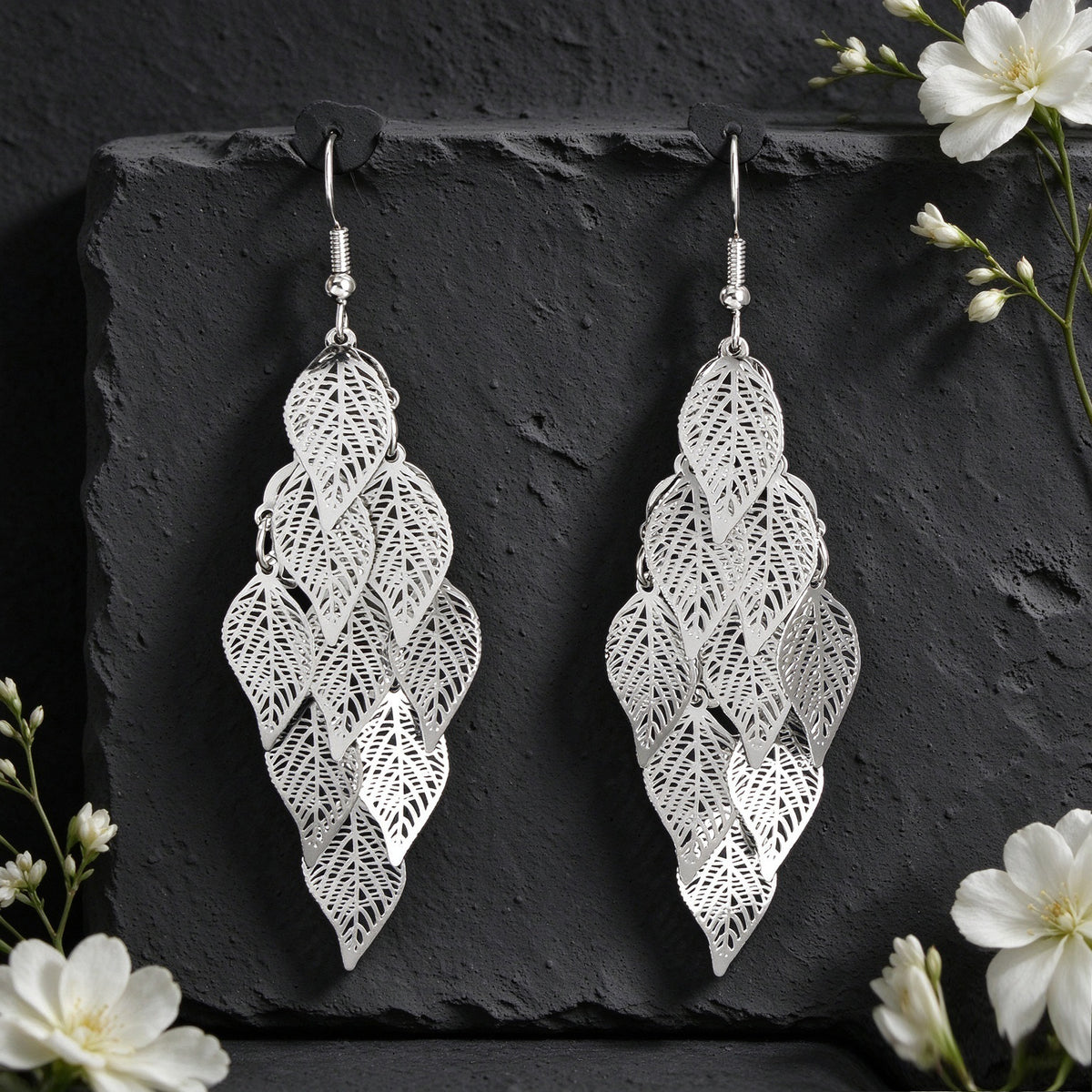 Hollow Multi Layer Leaf Tassel Dangle Earrings Boho Vacation Party Jewelry Gift