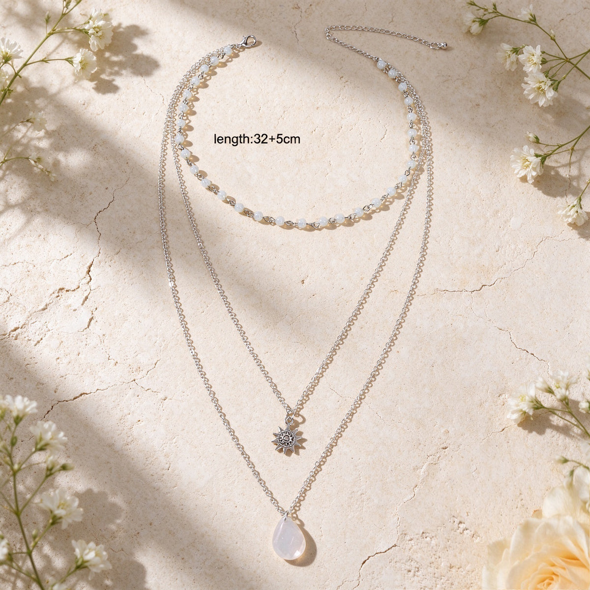 Beads Sun Water Drop Gold Silver Layered Necklace Boho Beach Vacation Jewellery