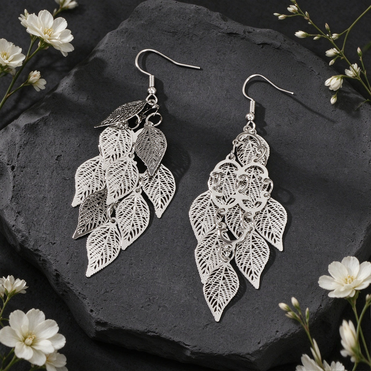 Hollow Multi Layer Leaf Tassel Dangle Earrings Boho Vacation Party Jewelry Gift