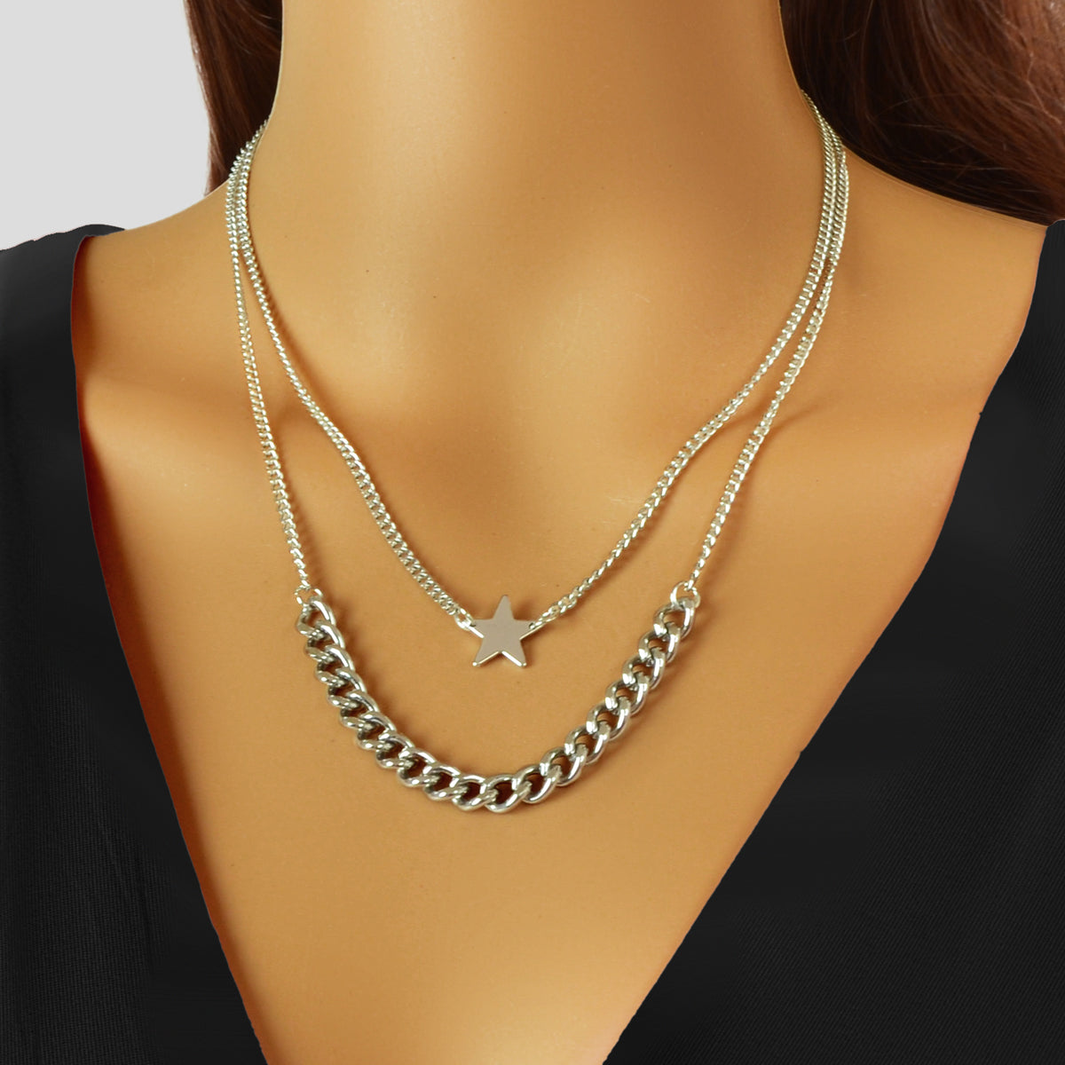 Punk Rock Double layer Silver Chain Star Charm Necklace Women Party Jewellery