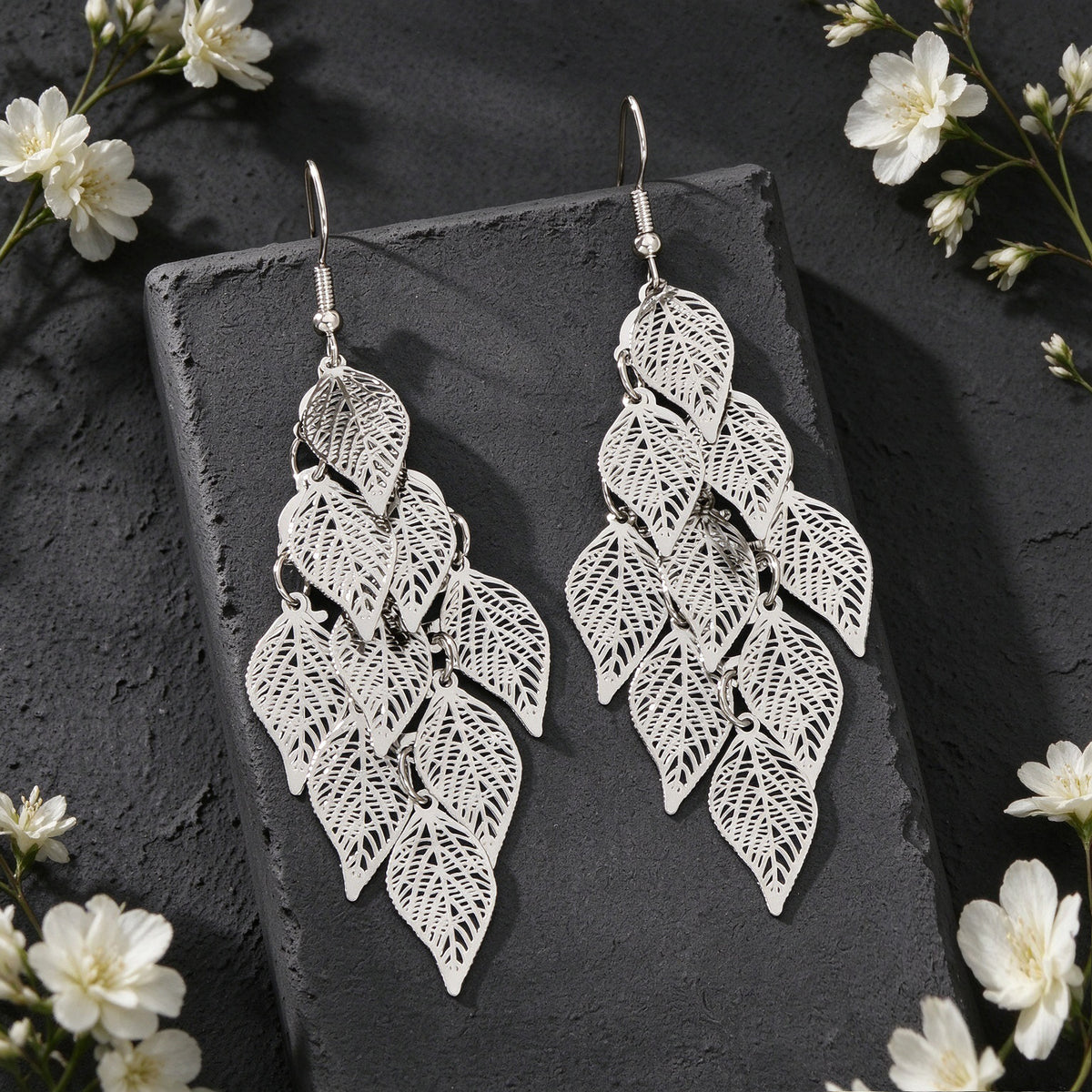 Hollow Multi Layer Leaf Tassel Dangle Earrings Boho Vacation Party Jewelry Gift