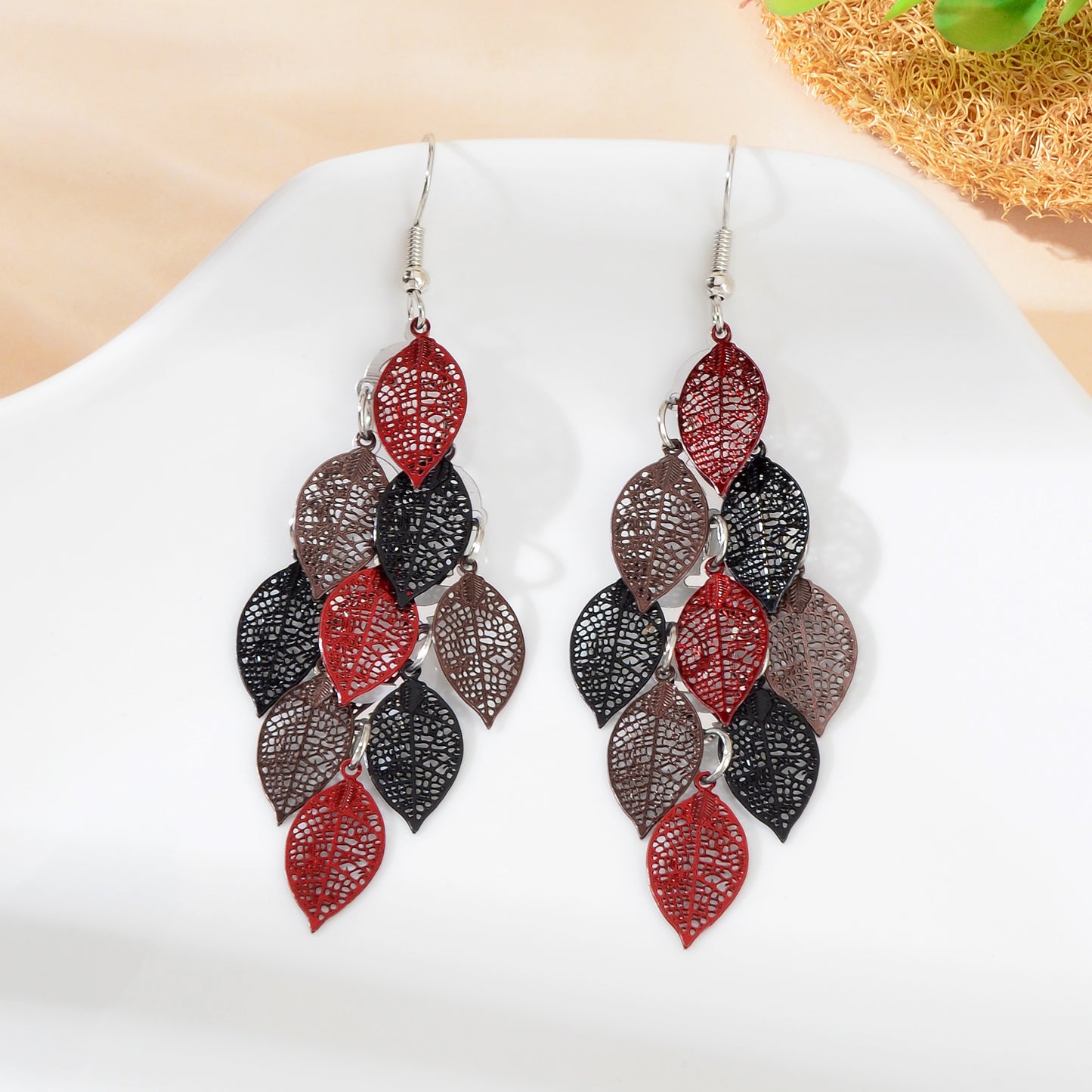 AU Local Bohemian Colorful Hollow Layered Leaf Stacks Hook Drop Dangle Earrings