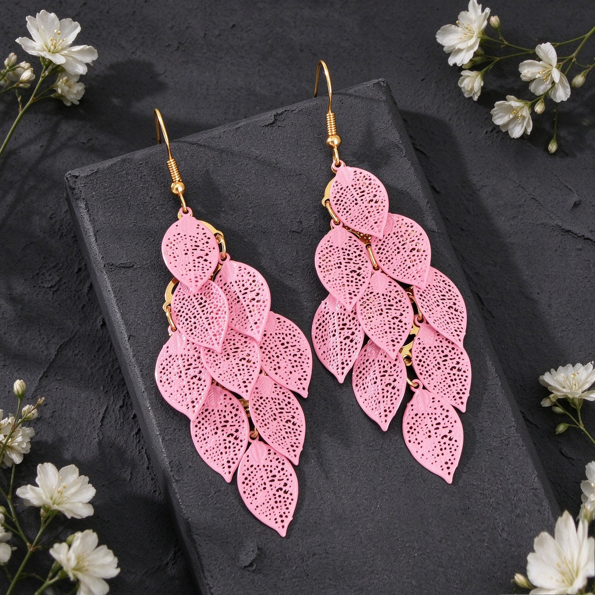 Hollow Multi Layer Leaf Tassel Dangle Earrings Boho Vacation Party Jewelry Gift