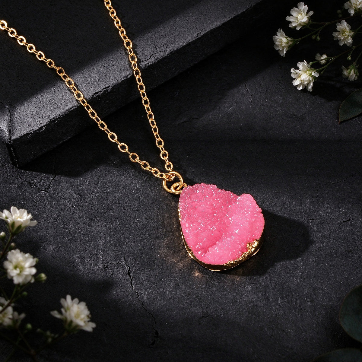 Boho Chic Flower Cluster Water Drop Pendant Necklace Gold Chain Vacation Jewelry