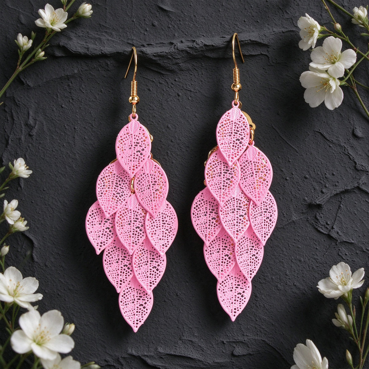 Hollow Multi Layer Leaf Tassel Dangle Earrings Boho Vacation Party Jewelry Gift