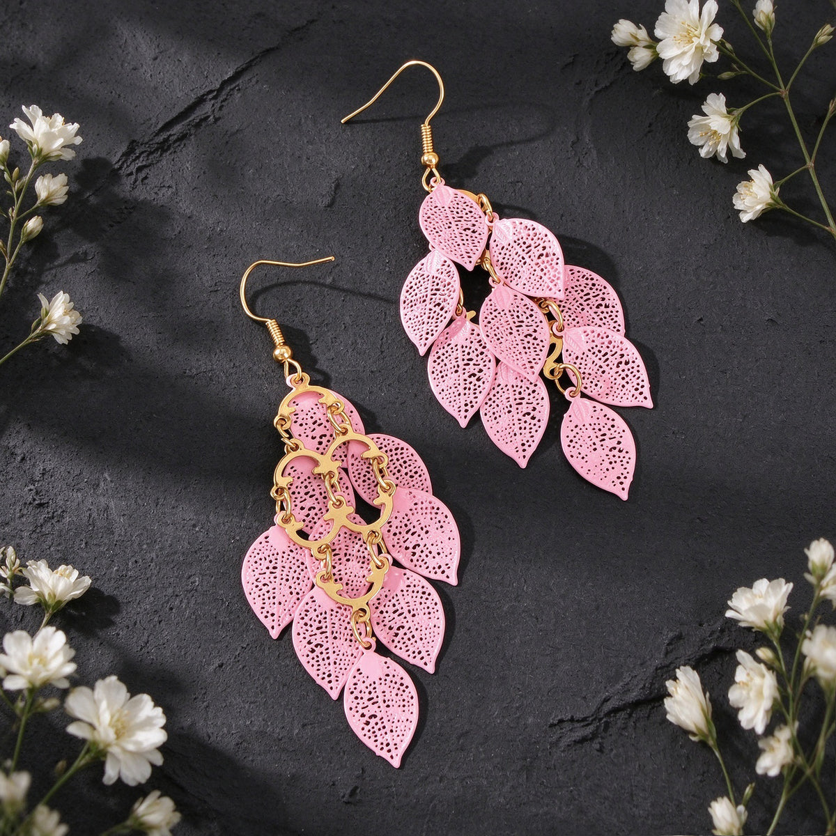 Hollow Multi Layer Leaf Tassel Dangle Earrings Boho Vacation Party Jewelry Gift