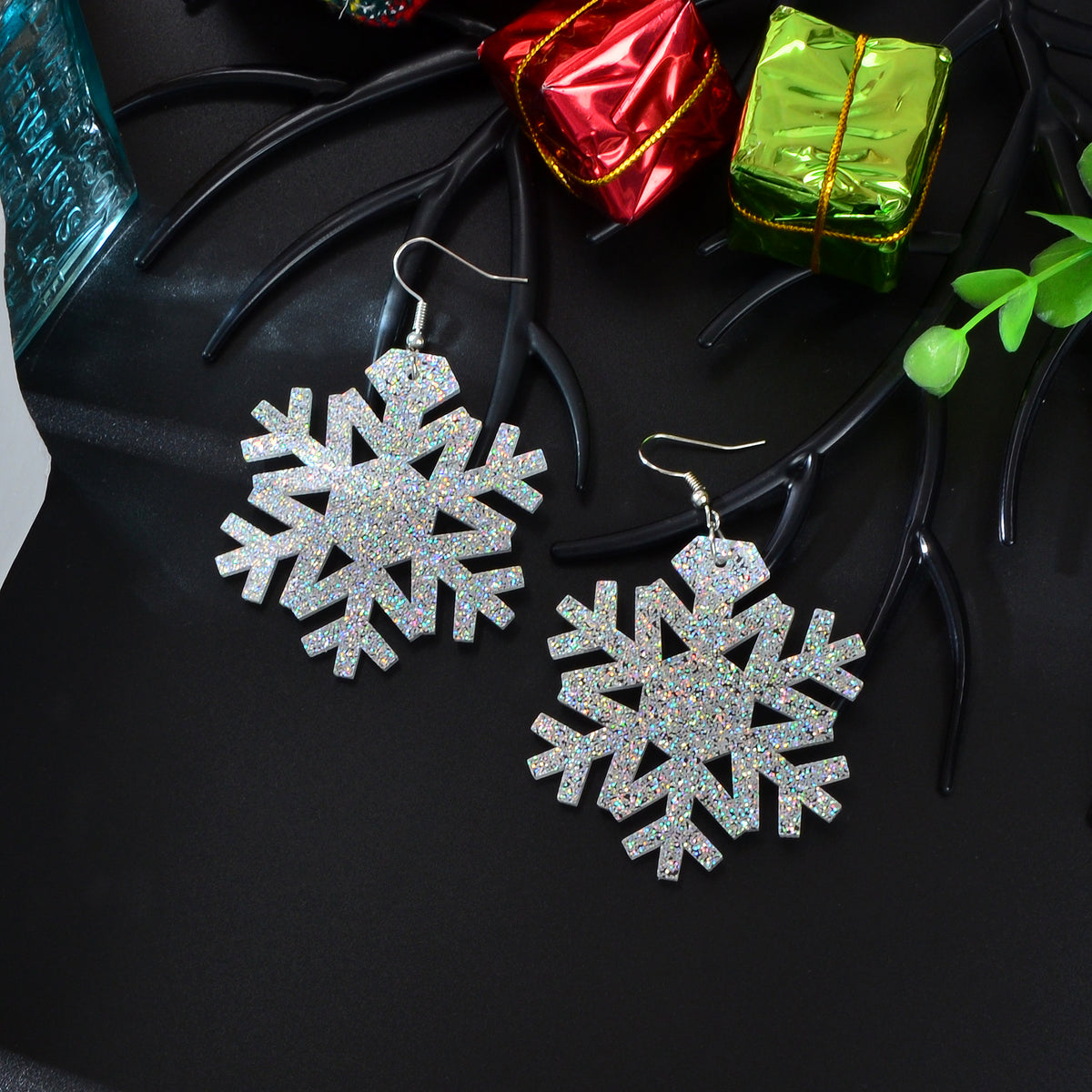 Christmas Jewellery Silver Acrylic Snowflake Drop Dangle Earrings Festival Gift