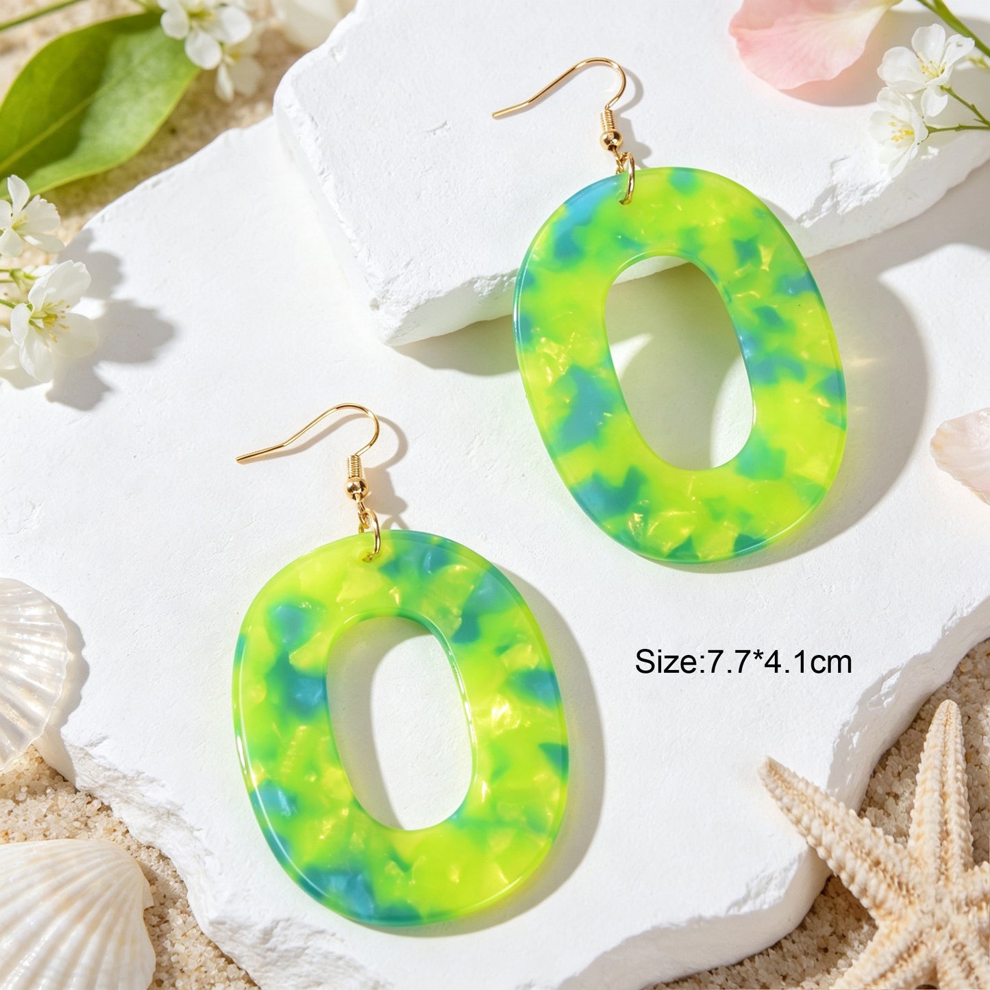 Boho Green Marble Grain Hollow Geometric Acrylic Dangle Earrings Beach Holiday Pool Party Jewelry