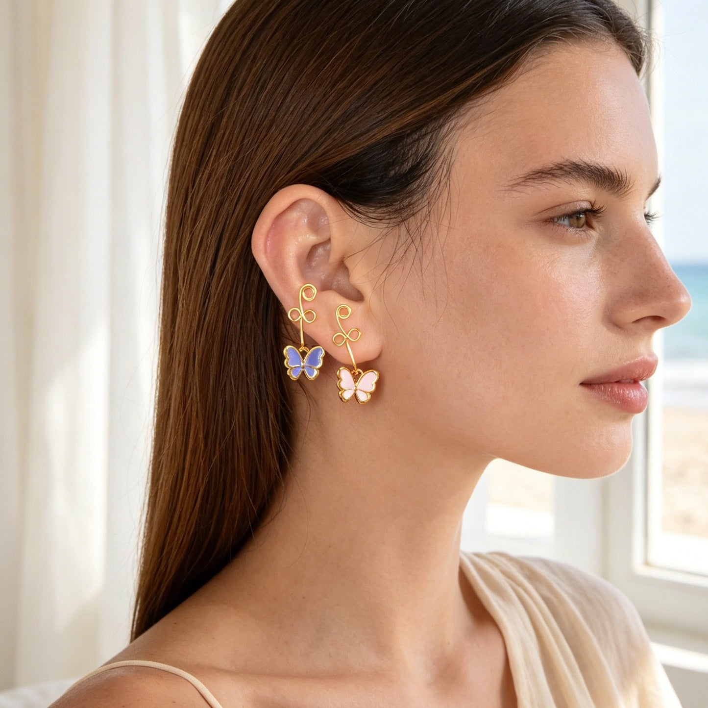 2pcs Colorful Enamel Butterfly Dangle Ear Cuffs Gold Non-Pierced Earrings Gift