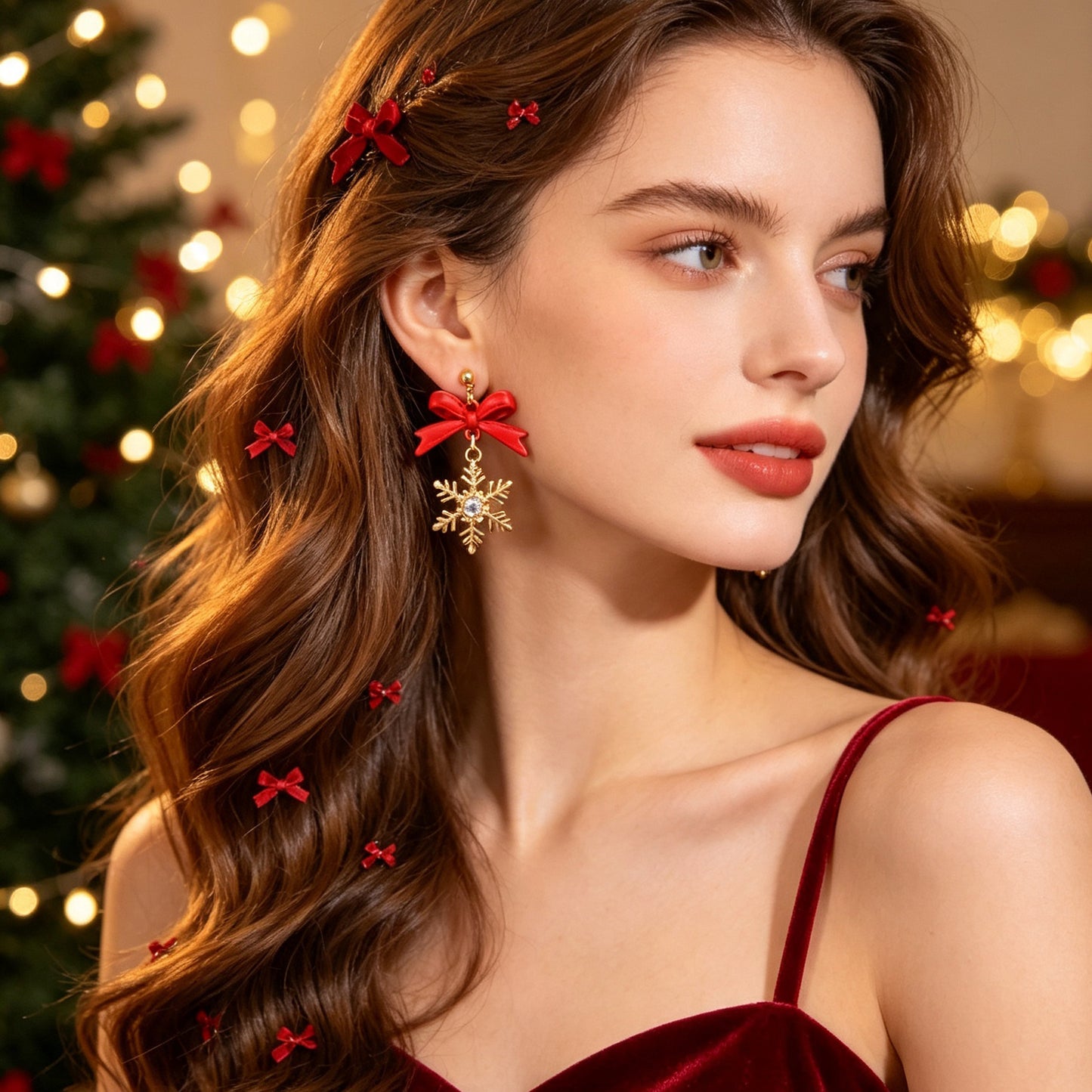 Christmas Sweet Red Bow Gold Snowflake Dangle Earring Xmas Holiday Party Jewelry