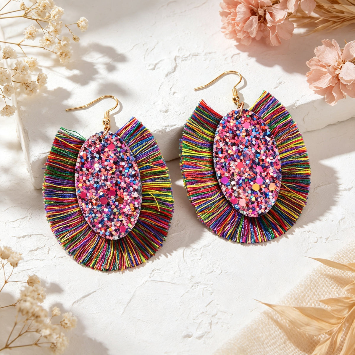 Boho Colorful Tassel Sequin Oval Dangle Earrings Chunky Summer Beach Vacation Statement Jewelry