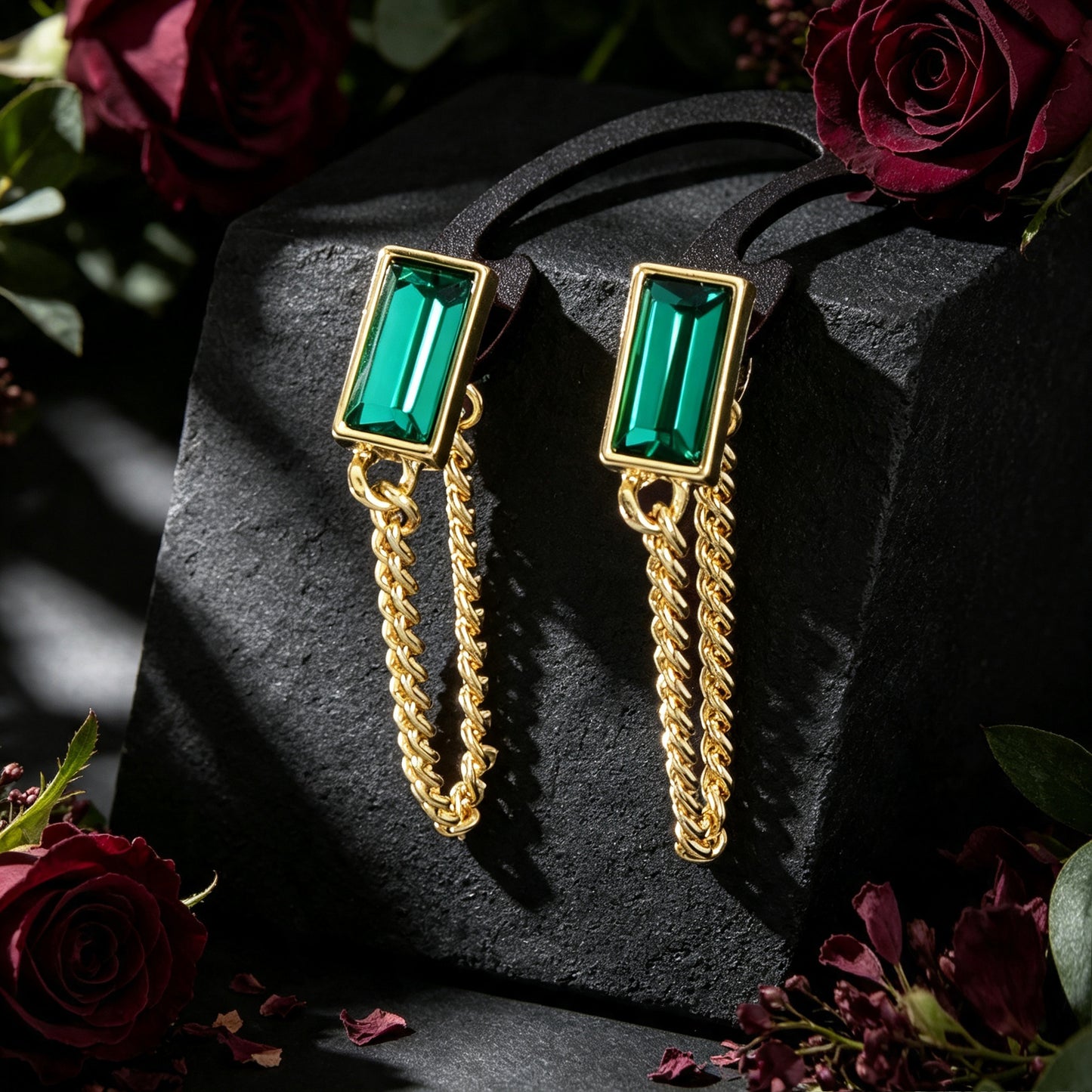 Gold Tone Chain Green Square Drop Dangle Earrings Ear Jacket Tassel Stud Jewelry