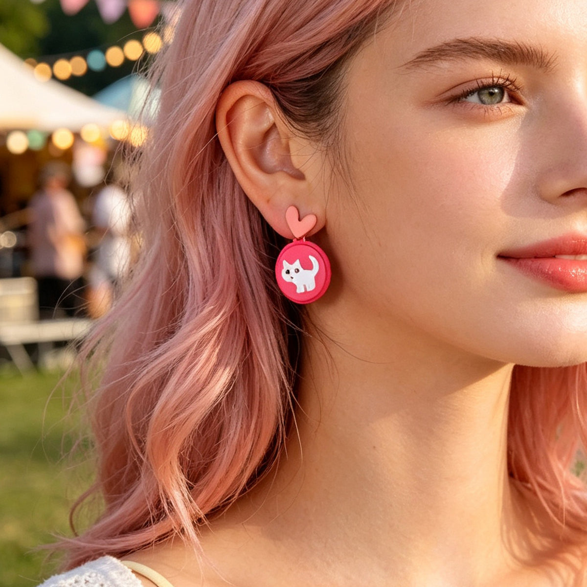 Cute Hotpink Heart Cartoon White Cat Drop Earrings Sweet Lovely Jewellery Gift