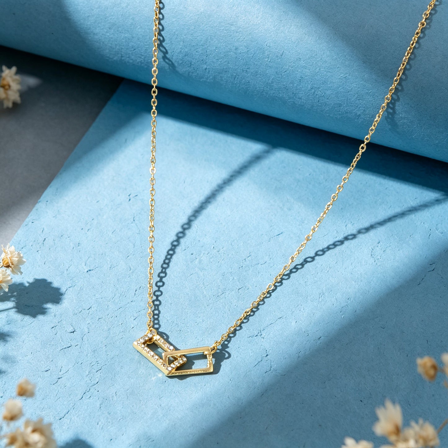 Gold Geometric Crystal Inlaid Square Link Pendant Necklace Minimalist Jewellery
