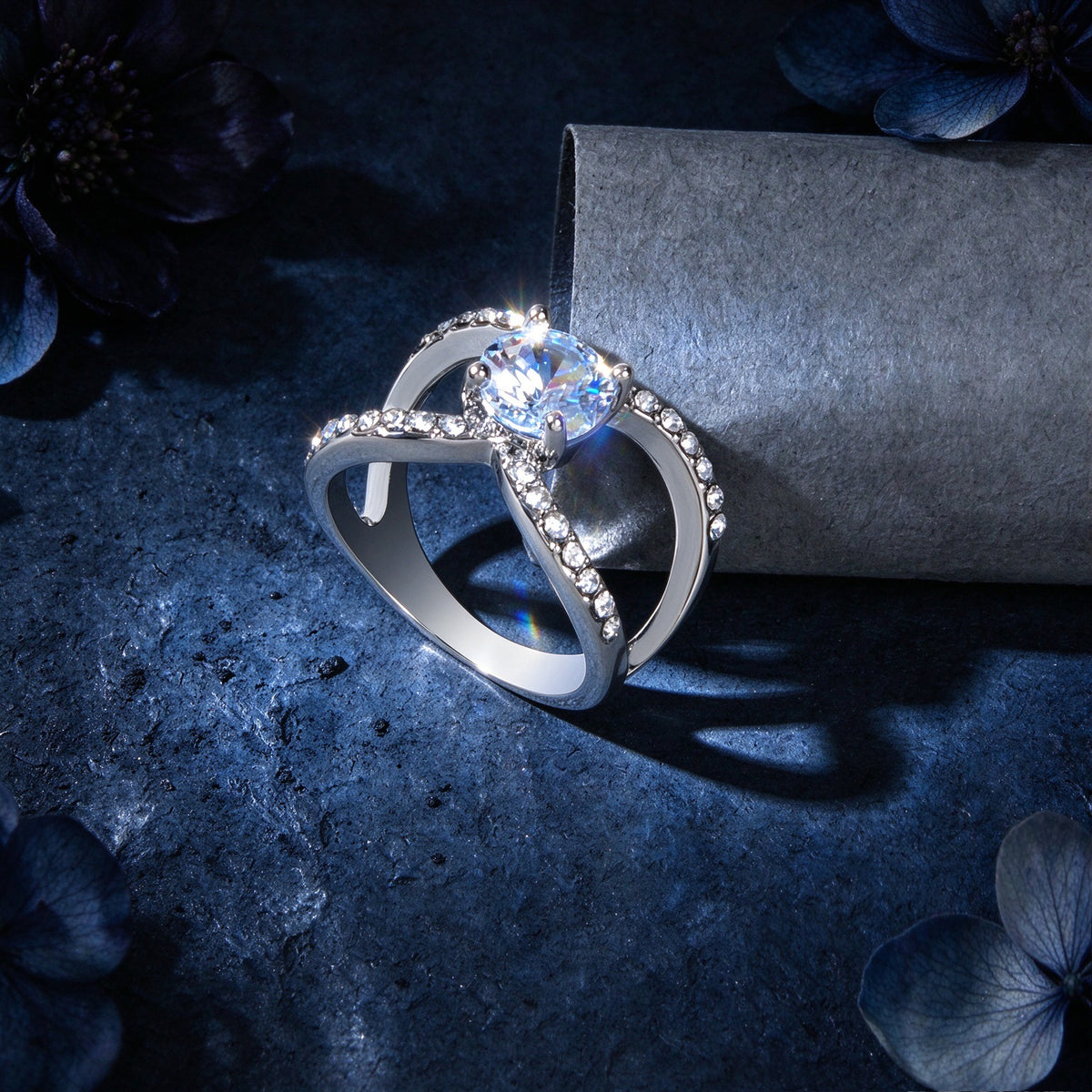 Luxury Imitation Diamond Silver Split Shank Ring Statement Wedding Party Jewelry
