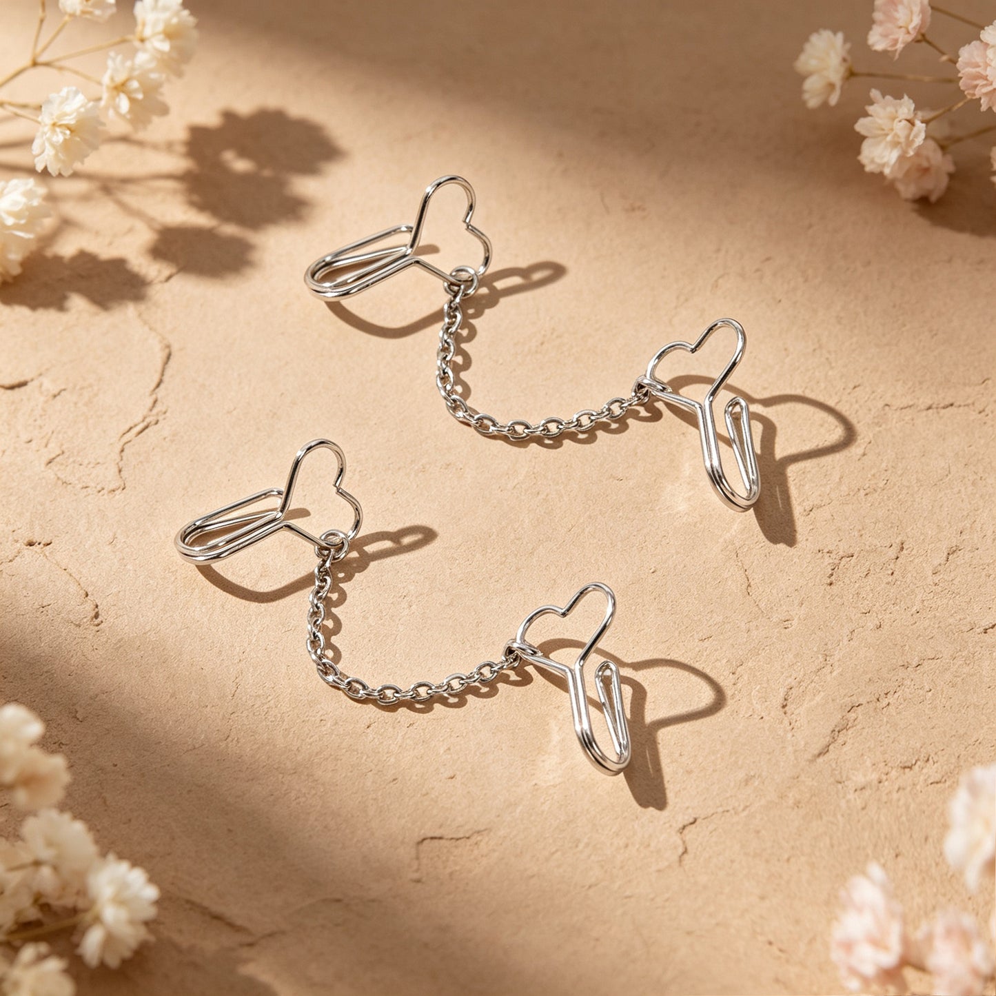 2pcs Heart Silver Chain Clip‑on Ear Cuffs No Piercing Fashion Vintage Earrings