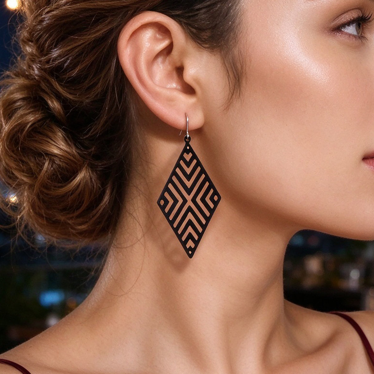 Rhombus Hollow Geometric Large Dangle Earring Black Silver Gold Vacation Jewelry