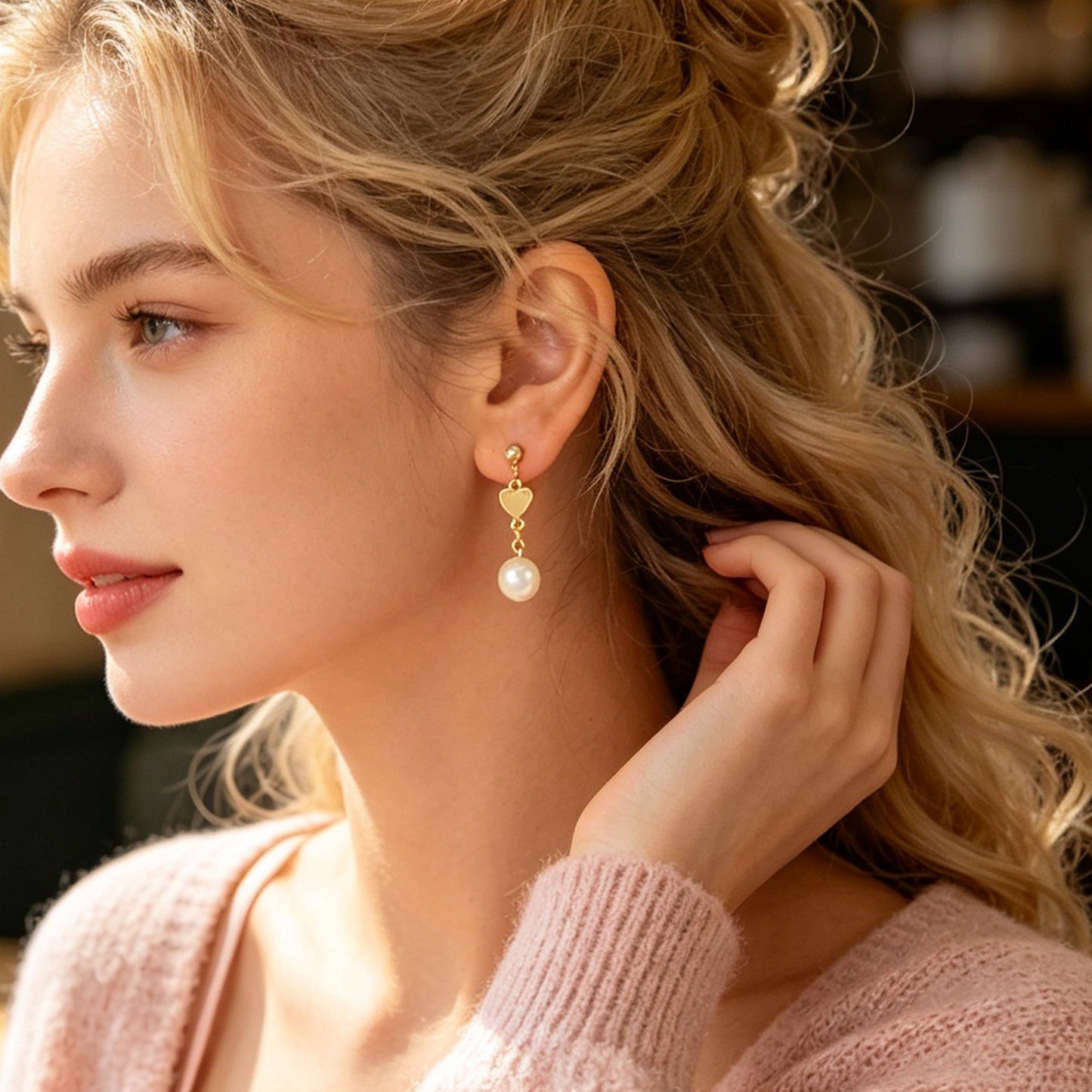 Lovely Gold Heart Pearl Chain Drop Dangle Earrings Daily Party Dating Jewellery
