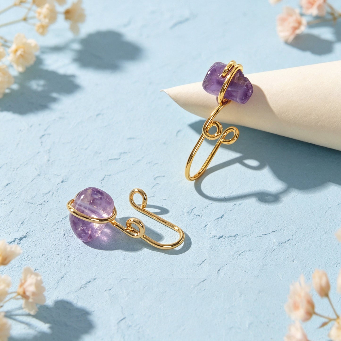 2pcs Gold Ear Cuffs No Piercing Imitate Amethyst Stone Earrings Fashion Jewelry