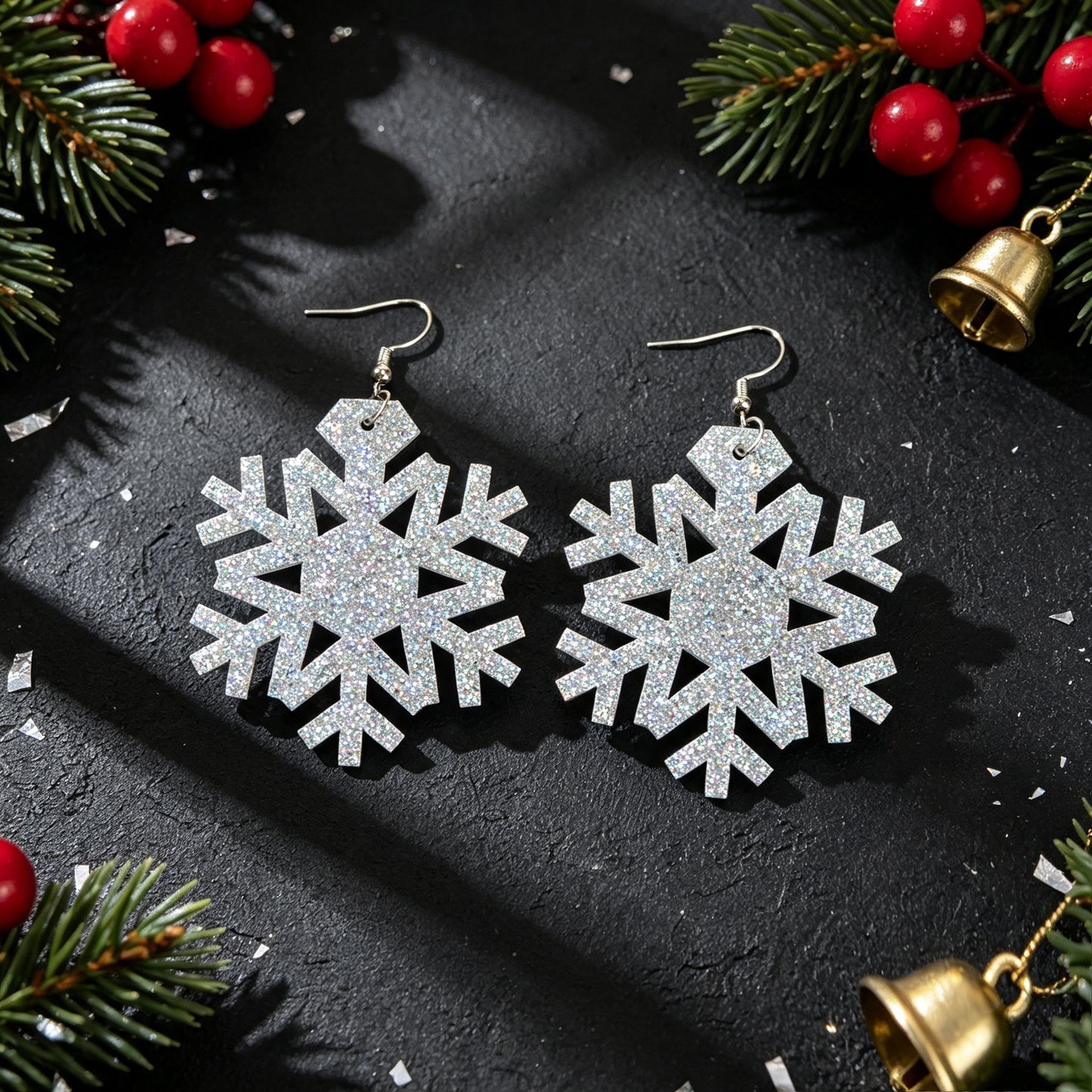 Christmas Silver Snowflake Dangle Hook Earrings Winter Holiday Party Jewellery