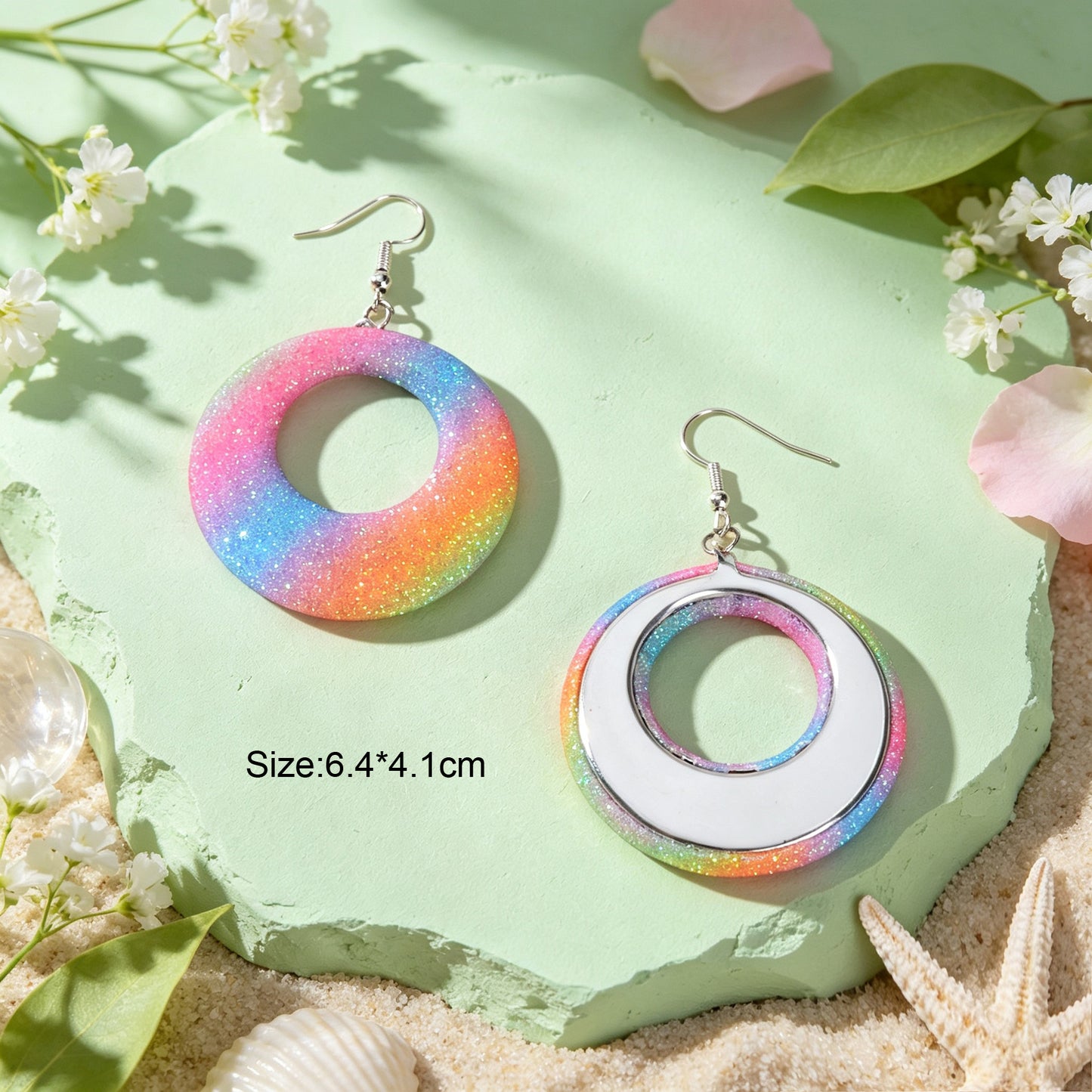 Rainbow Gradient Glitter Hollow Circle Geometric Dangle Earrings Y2K Summer Beach Vacation Party Jewelry