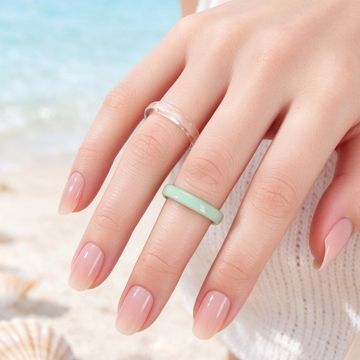2pcs Simple Green Transparent Resin Stackable Finger Ring Vacation Beach Jewelry