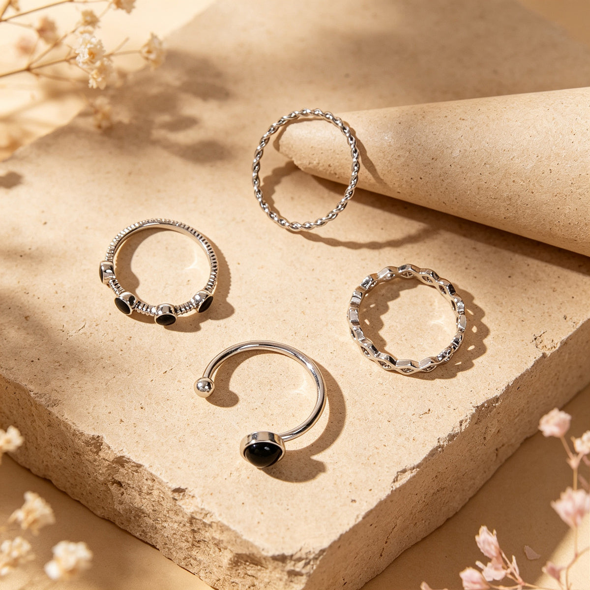 4pcs Geometric Element Silver Stackable Knuckle Midi Thread Finger Rings Set