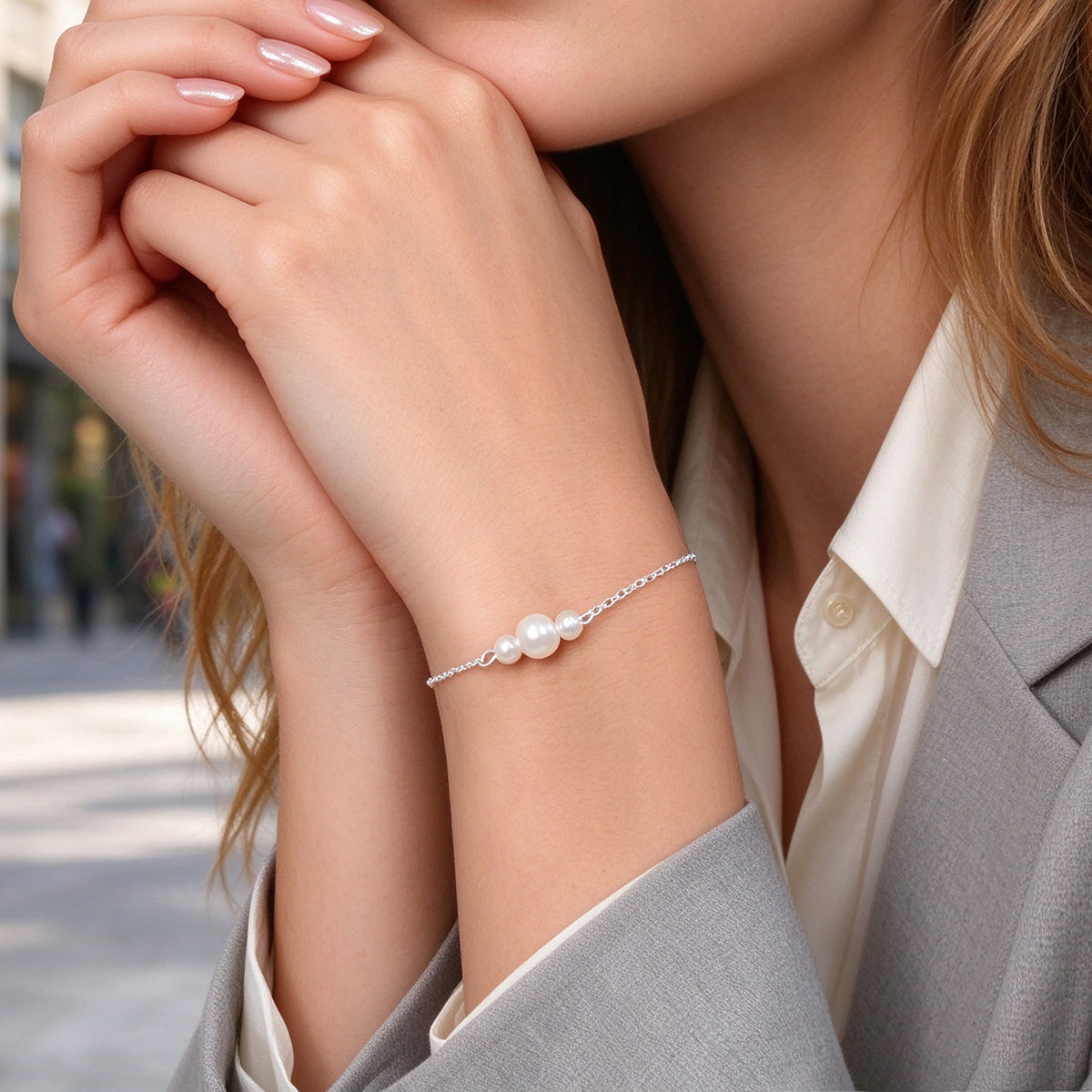 Faux Pearls Gold Silver Thin Link Bracelet Elegant Daily Wedding Gift Jewellery