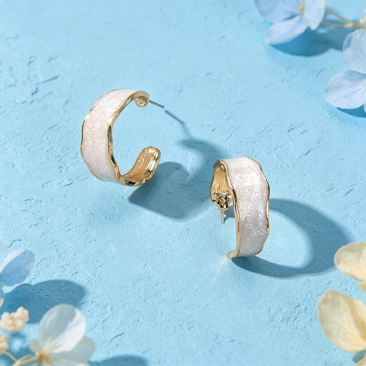 Pink Enamel Circle Shining Hoop Earrings C Shape Stud Teens Textured Jewellery