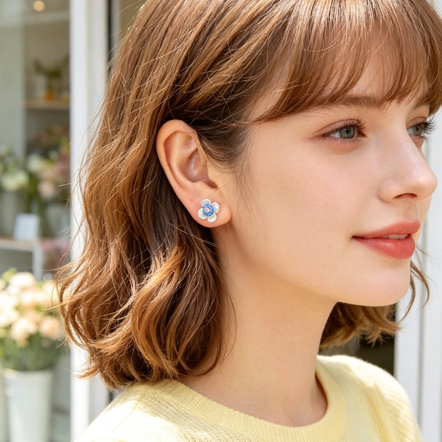 Cute Small Flower Stud Earrings White Blue Resin Petal Design Romantic Daily Dating Jewelry