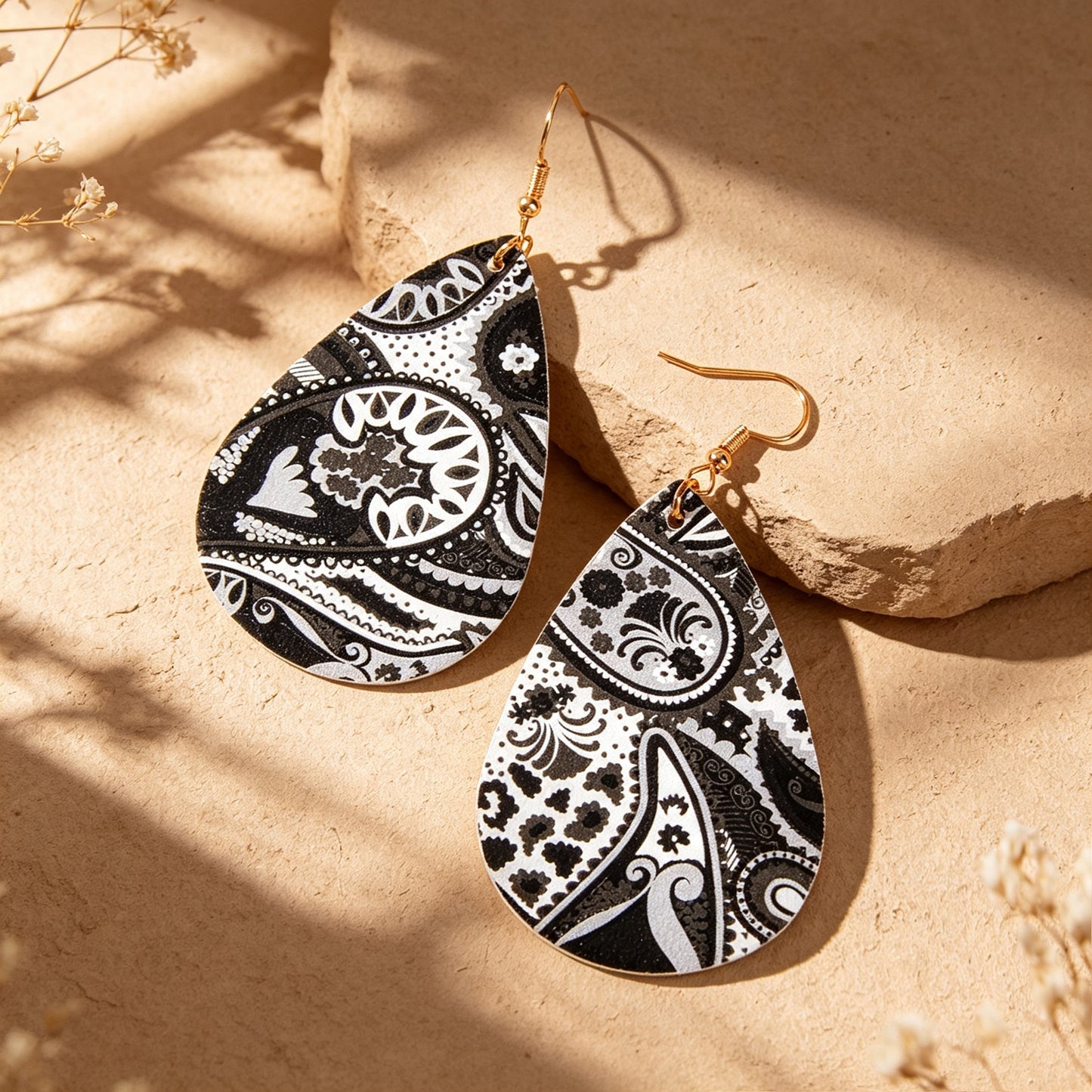Boho Black White Paisley Pattern Water Drop PU Leather Dangle Earrings Beach Vacation Jewelry