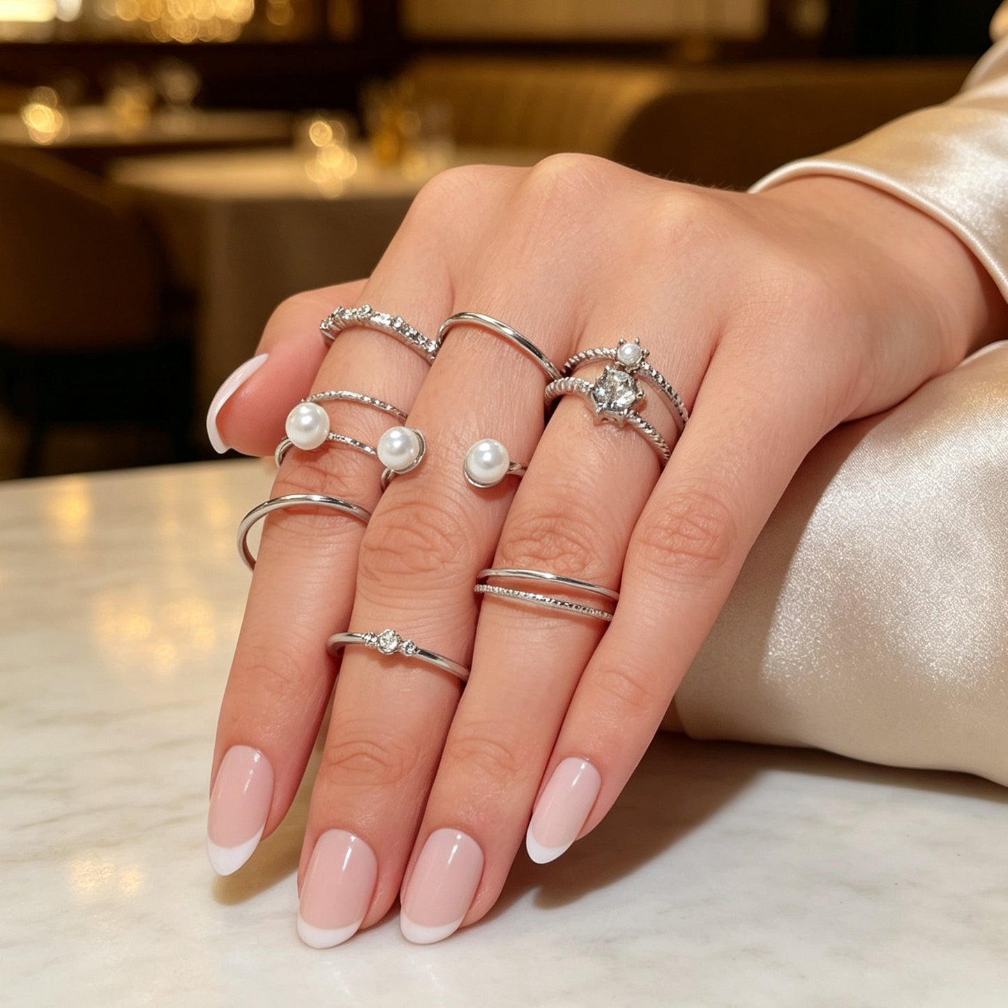 8pcs Stackable Rings Set Elegant Silver Pearl Crystal Fashion Statement Jewelry