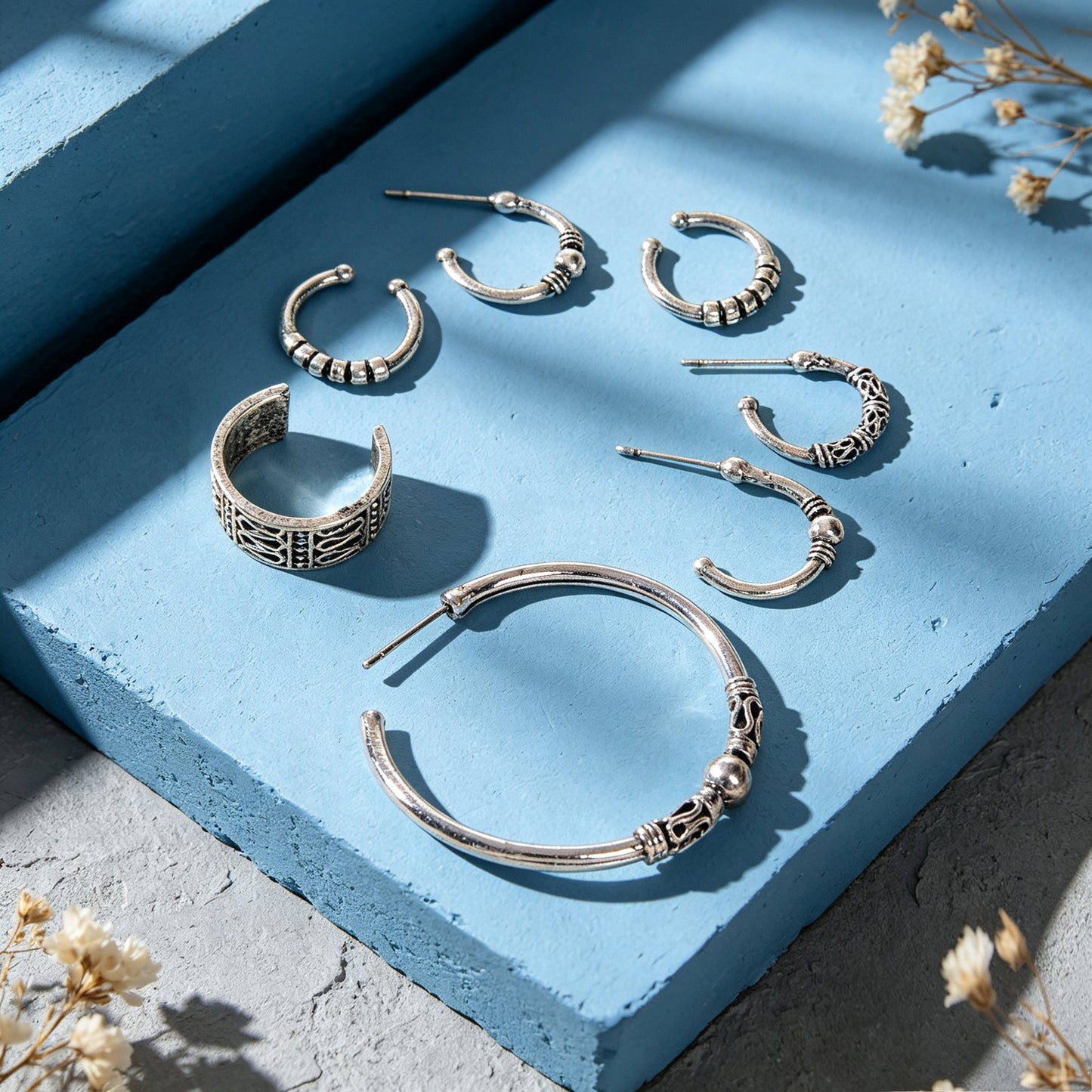 7pcs Vintage Punk Hoop Earrings Antique Silver Street style C‑Shaped Ear Cuff