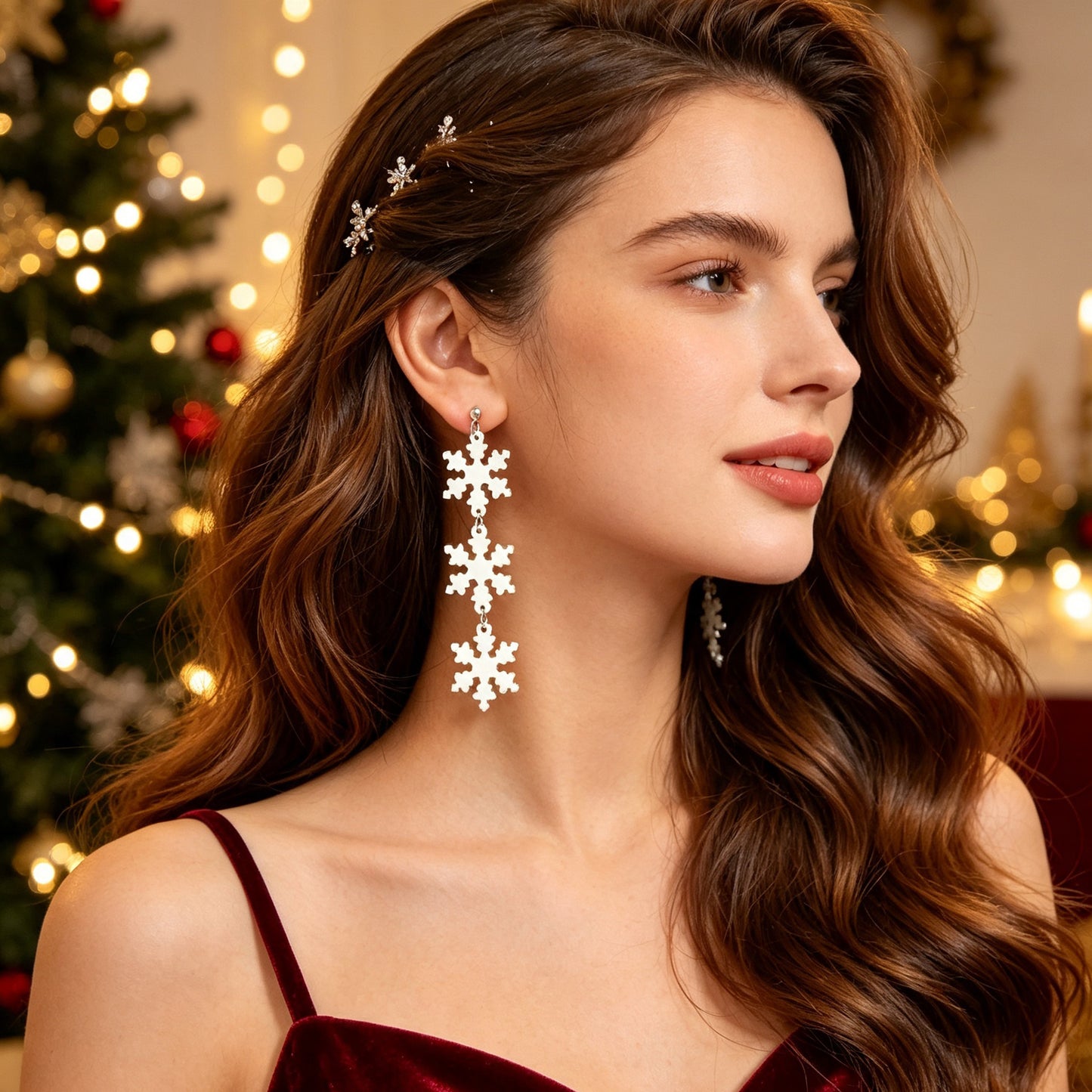 Romantic Silver Triple Snowflak Acrylic Dangle Earrings Lightweight Christmas Festival Jewelry