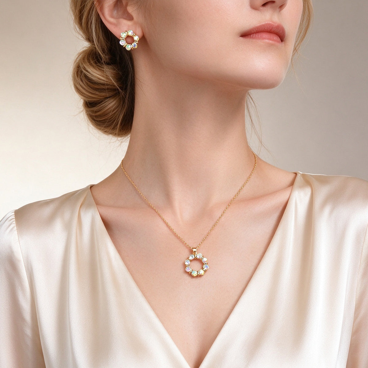 Glitter Flower Stud Earrings Pendant Necklace Jewellery Set Wedding Accessories